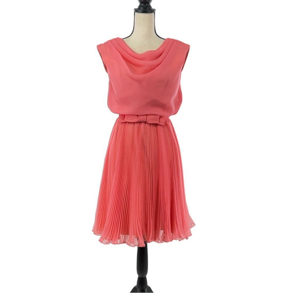 Miss Elliette Coral-Pink Cowl Neck Pleated Midi Dress
